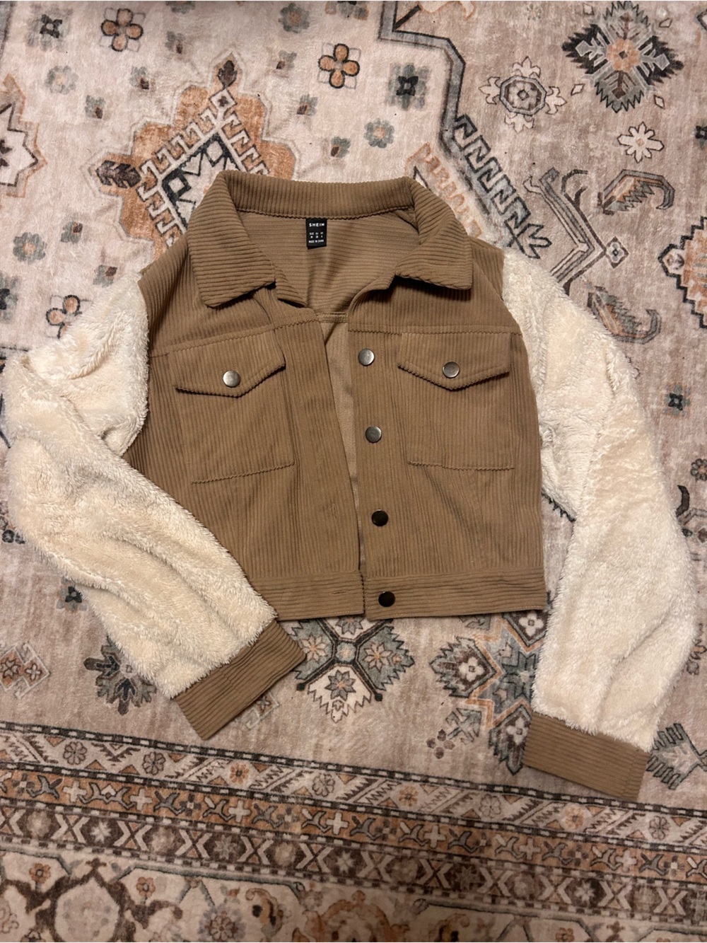 Women’s Corduroy Jacket with Fleece Sleeves - Tan